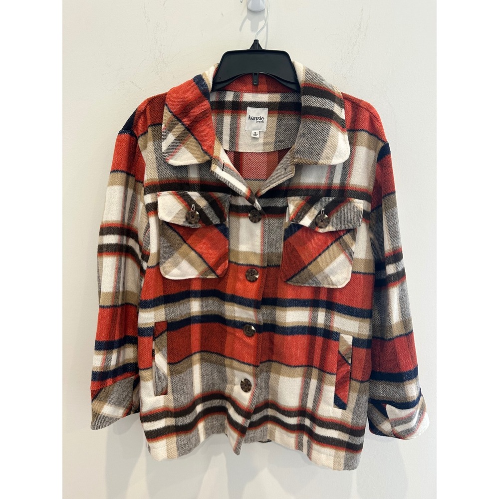 Kensie Jeans Orange Plaid Fleece Shirt Jacket Shacket Small Button Front Pockets